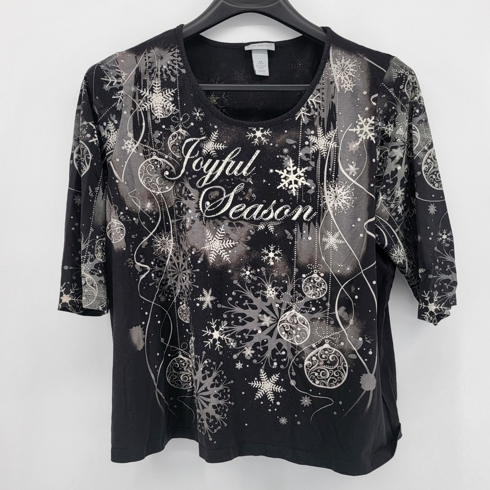 Catherines Womens 2X Black Joyful Season Snowflake Ornament Print Top 3/4 Sleeve